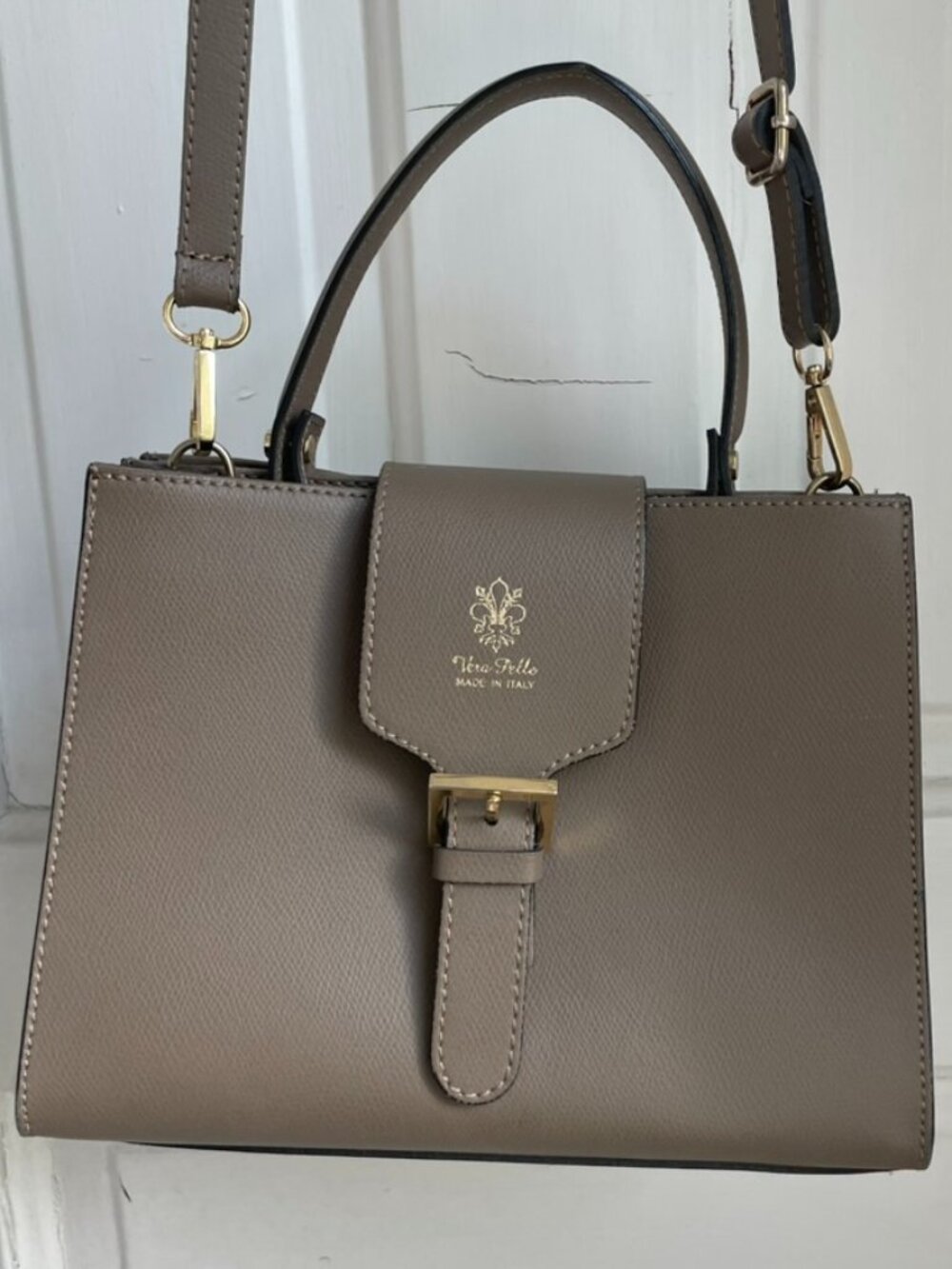 Vera Pelle Leather Satchel Taupe | Crossbody Strap